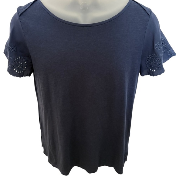 ANN TAYLOR Navy Blue Short Sleeve Blouse Eyelet Sleeves Women S Small - Picture 1 of 5